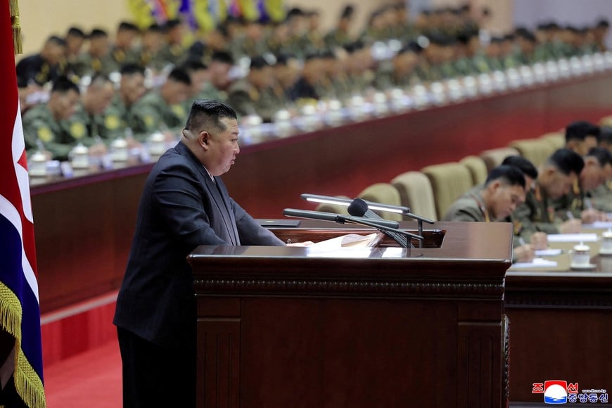 North Korean leader Kim Jong Un speaks during a conference of company commanders for North Korea's Army, in Pyongyang, North Korea, in this picture released by North Korea's official Korean Central News Agency on October 24, 2026. KCNA via REUTERS ATTENTION EDITORS - THIS IMAGE WAS PROVIDED BY A THIRD PARTY. REUTERS IS UNABLE TO INDEPENDENTLY VERIFY THIS IMAGE. NO THIRD PARTY SALES. SOUTH KOREA OUT. NO COMMERCIAL OR EDITORIAL SALES IN SOUTH KOREA.