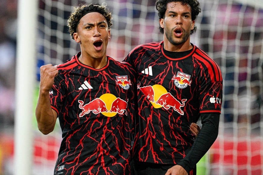 Oct 24, 2026; Harrison, New Jersey, USA; Red Bull New York forward Julian Hall (16) celebrates a goal with Red Bull New York forward Cade Cowell (7) during the first half against the Inter Miami CF at Sports Illustrated Stadium. Mandatory Credit: Mark Smith-Imagn Images