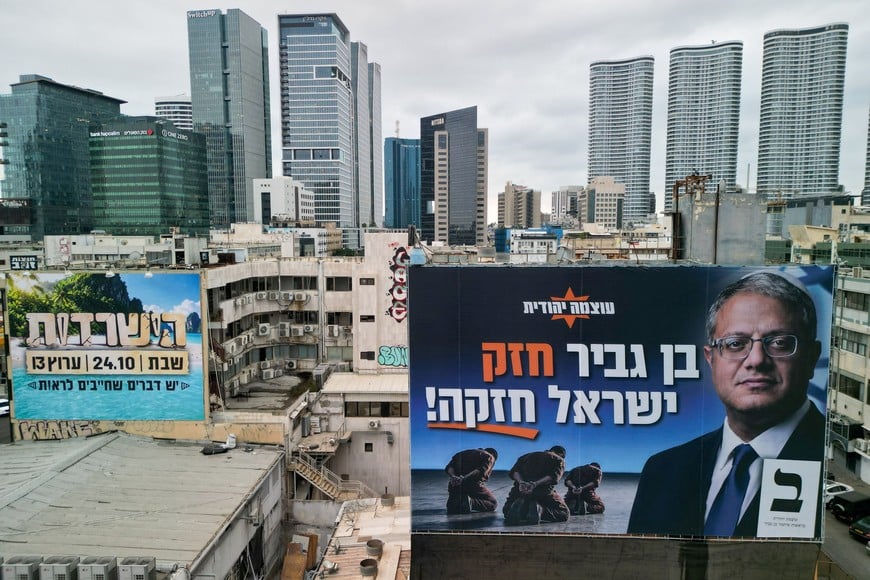 A drone view of a campaign billboard featuring an image of Israel's far-right National Security Minister Itamar Ben-Gvir, the day before Israel's national election, in Tel Aviv, Israel October 26, 2026. The words in Hebrew read "Ben-Gvir is Strong, Israel is strong". REUTERS/Amir Cohen