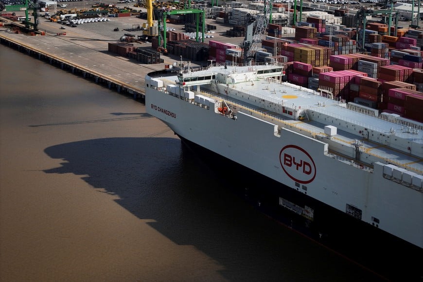 A drone view shows a ship belonging to Chinese automaker BYD at the port of Zarate, Argentina, January 19, 2026. REUTERS/Martin Cossarini