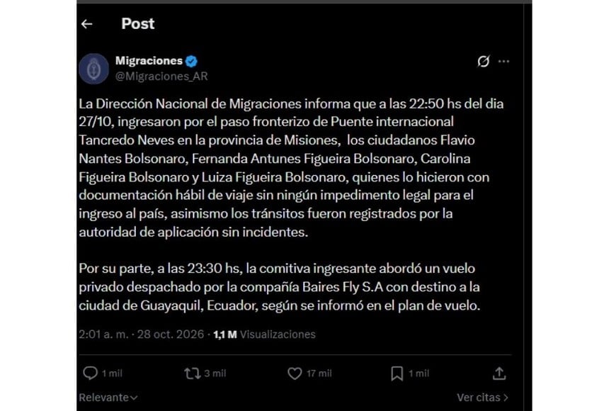 Migraciones confirmó el ingreso de Flávio Bolsonaro y su familia a la Argentina