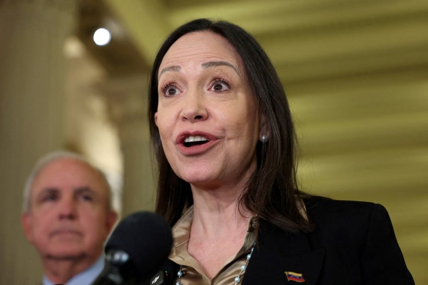 Venezuelan opposition leader Maria Corina Machado speaks during a press conference on Capitol Hill, in Washington, D.C., U.S., January 20, 2026. REUTERS/Kylie Cooper