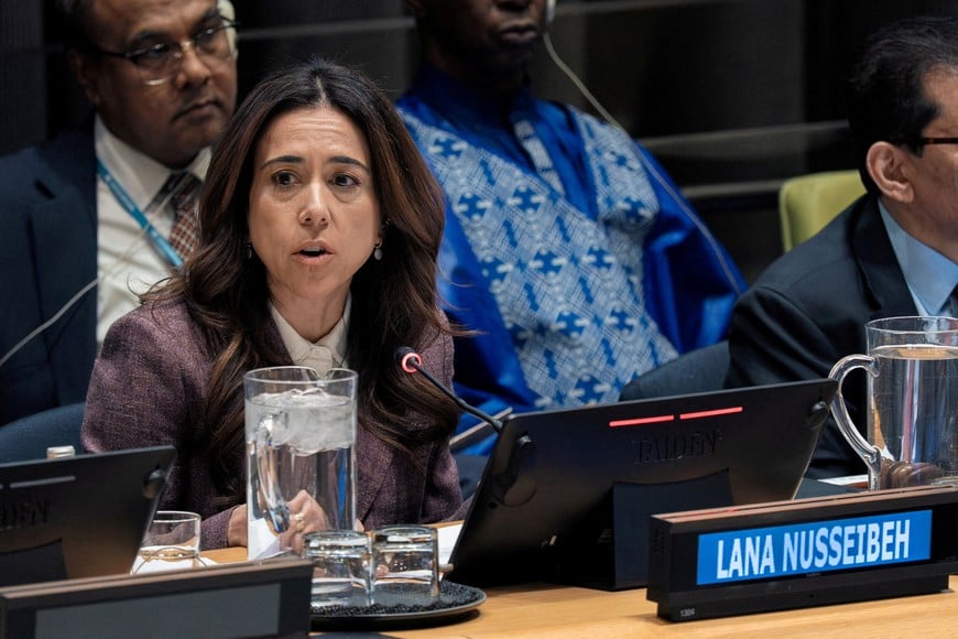 UAE's Minister of State Lana Nusseibeh speaks at the at United Nations headquarters in New York City, New York, US, October 27, 2026. REUTERS/David 'Dee' Delgado REFILE - CORRECTING DATE FROM "26" TO "27".