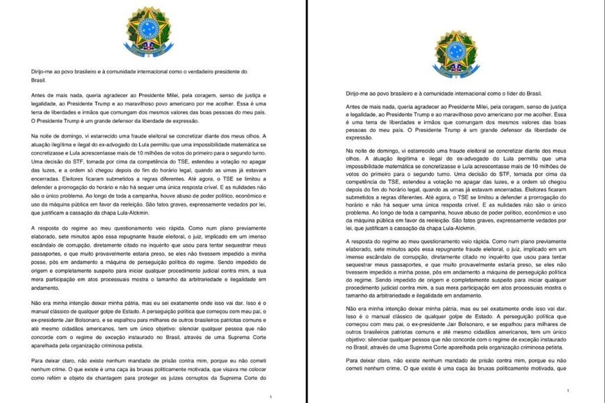 La página 1 de la primera versión (izquierda) de la carga de Flavio Bolsonaro y de la segunda versión (derecha). El Litoral