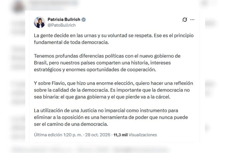 Bullrich habló del triunfo de Lula y alimentó las lecturas sobre un “Plan B” al silencio de Milei