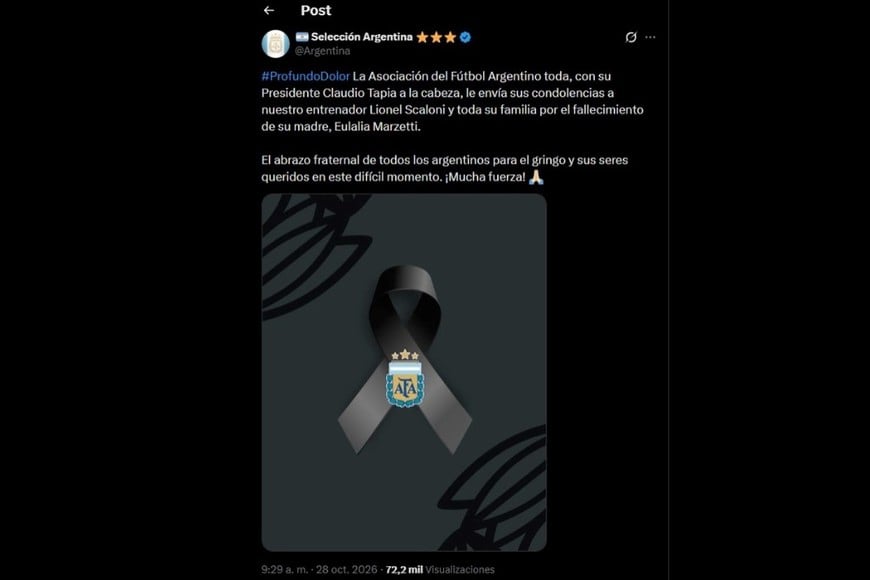 El mensaje de la Selección Argentina a Scaloni por la muerte de su madre.