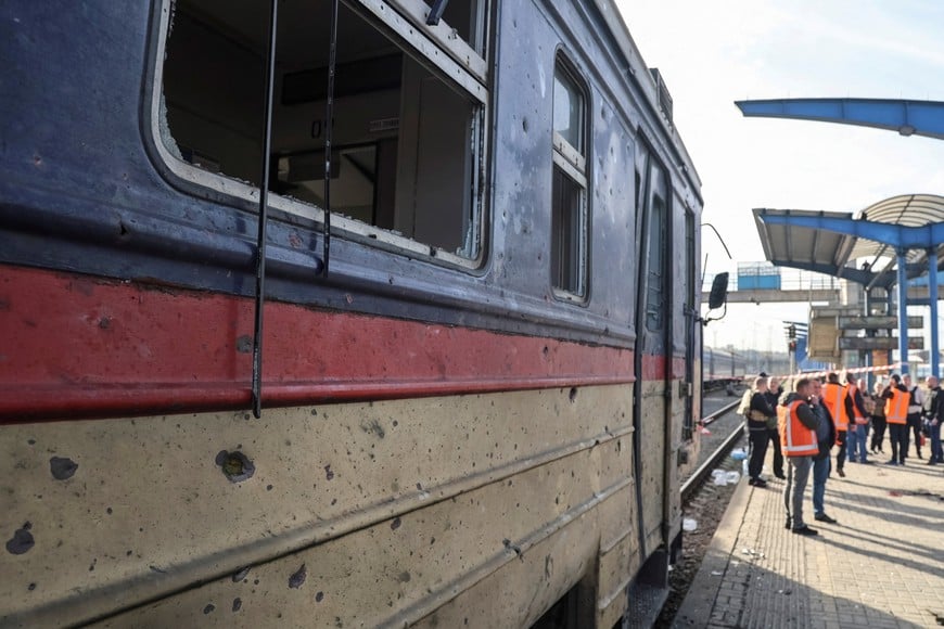 Emergency employees work at a railway station hit by a Russian drone strike, amid Russia's attack on Ukraine, in Dnipro, Ukraine October 29, 2026. REUTERS/Stringer