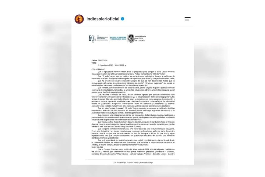 La UNLP distinguirá al Indio Solari con un doctorado honoris causa post mortem