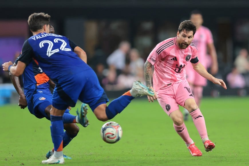Oct 28, 2026; Miami, Florida, USA; Inter Miami CF forward Leo Messi (10) shoots the ball against FC Cincinnati during the first half at Nu Stadium. Mandatory Credit: Sam Navarro-Imagn Images