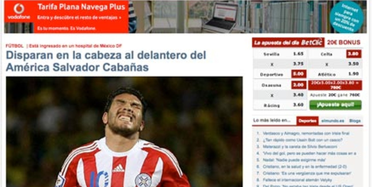 El paraguayo Salvador Cabañas recibió un tiro en la cabeza y está grave