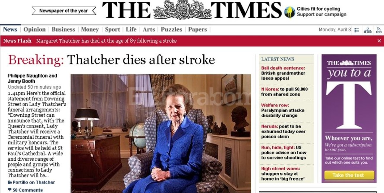 La muerte de Thatcher ganó rápidamente las tapas de los principales periódicos británicos