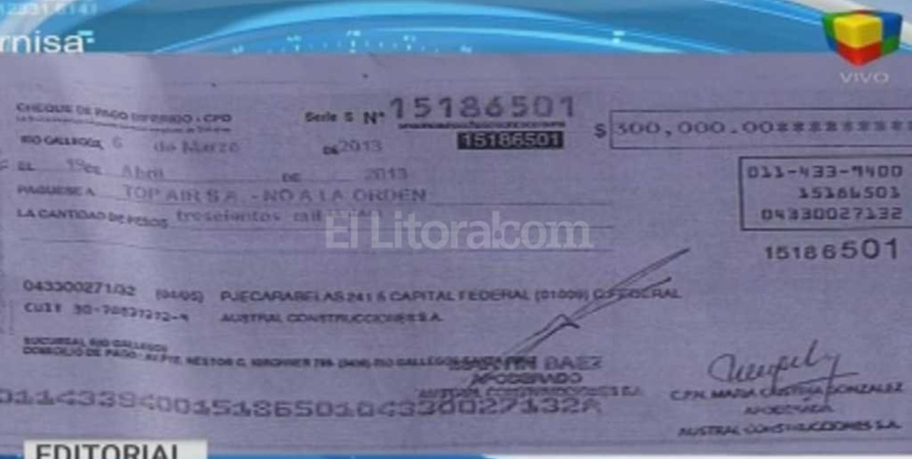 Ruta del dinero K: un cheque revelería las maniobras de lavado