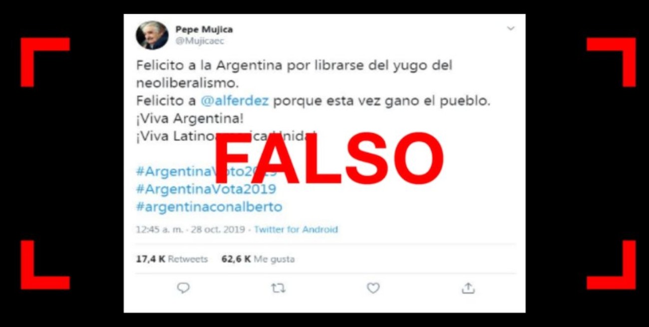 Es falso el tuit de Mujica felicitando a Alberto Fernández por el triunfo