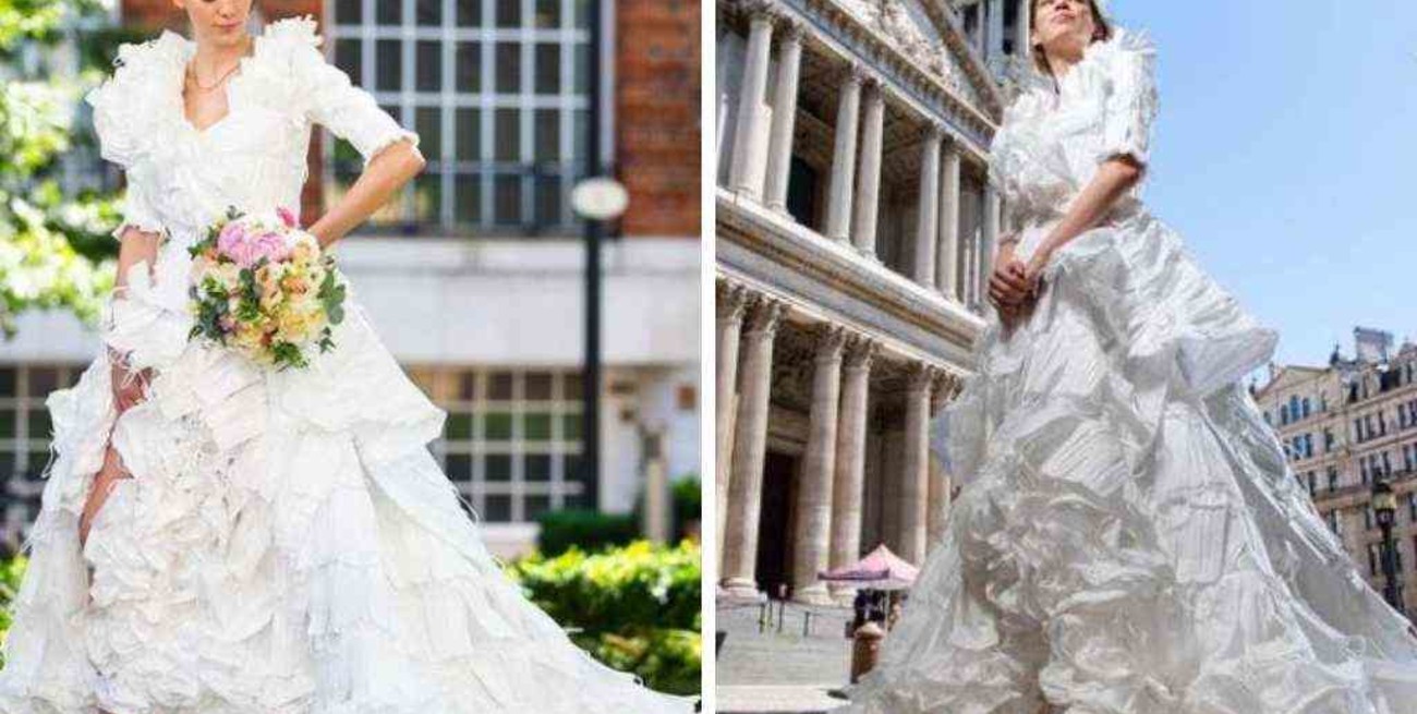 Diseñaron un vestido de novia con 1.500 mascarillas recicladas