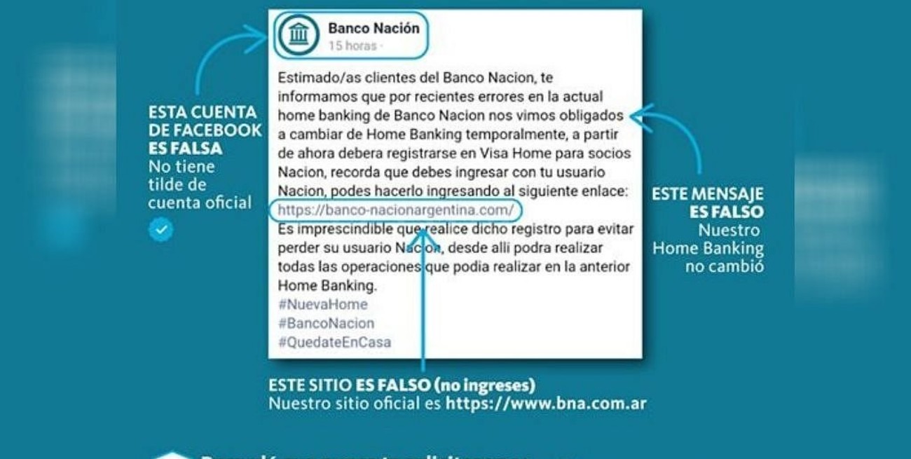 Banco Nación alertó a sus clientes sobre una estafa con robo de datos que circula en una red social