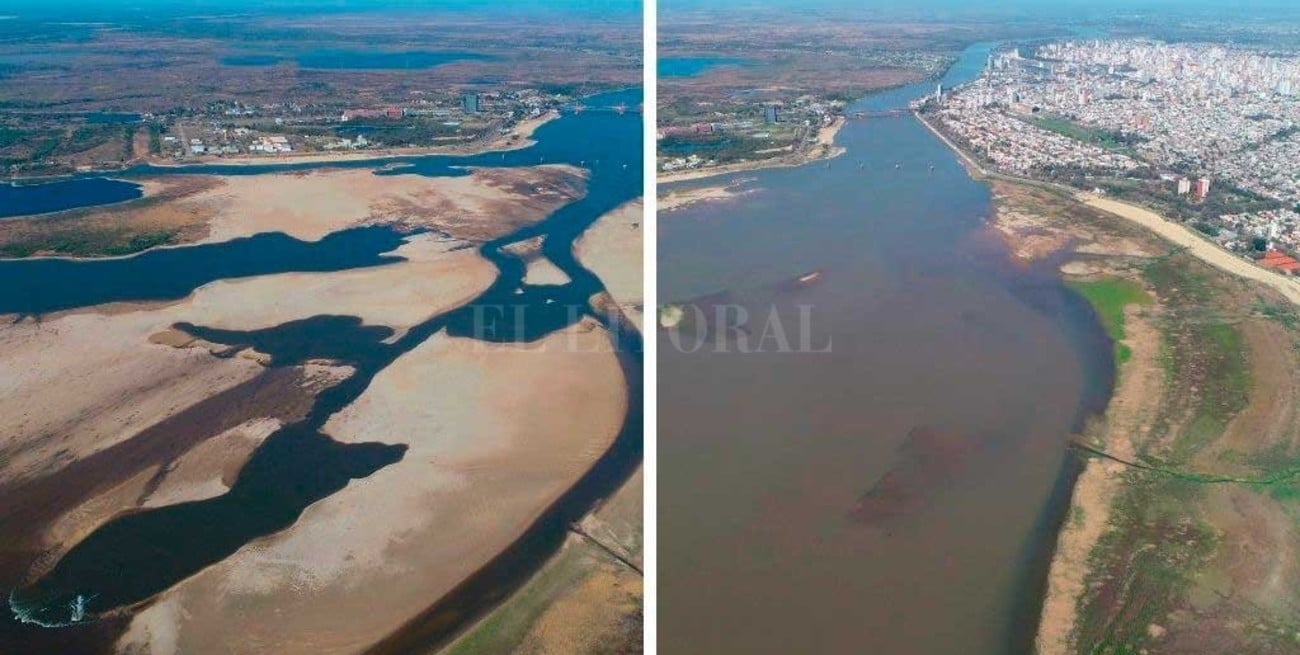 Asombroso contraste del paisaje de la Laguna Setúbal por la bajante histórica del río Paraná