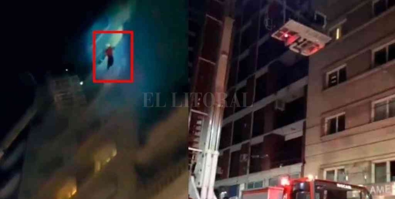 Video: estaba aislado en un hotel, se incendió y lo rescataron colgado de la ventana