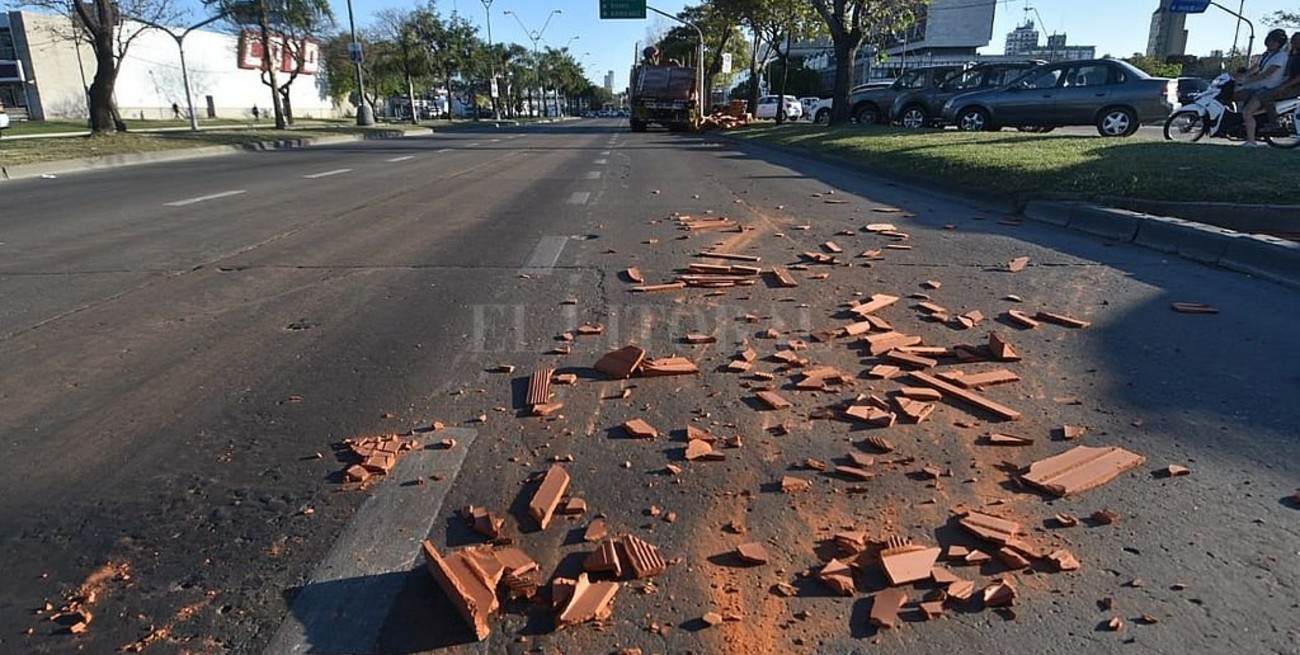 Un camión que transportaba ladrillos perdió parte de la carga sobre Av. Alem 