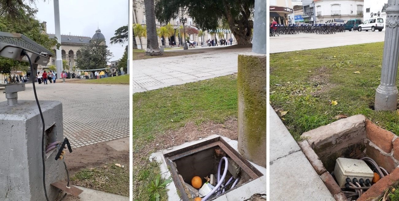 Cuidado: cables a la vista en Plaza 25 de Mayo de Santa Fe