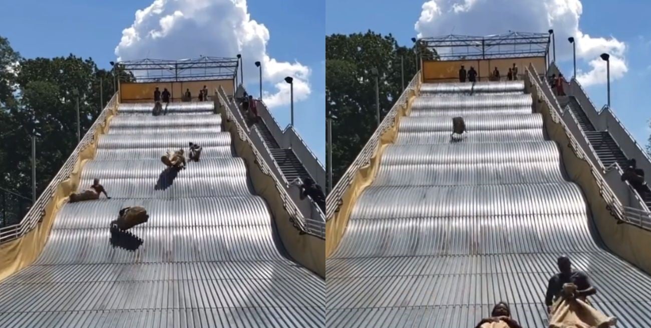 Video: una alfombra mágica cerró por los bruscos golpes que sufrían quienes se tiraban