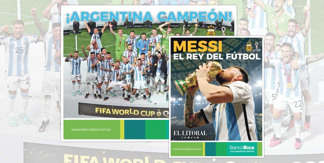 Buscá el póster doble de Argentina Campeón, con el equipo y Messi levantando la copa