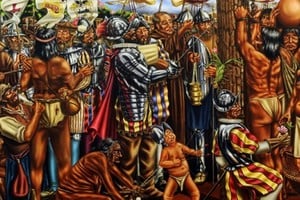 Fundación de "La Muy Noble y Leal Ciudad de Nuestra Señora Santa María de la Asunción". Óleo de Fidel Fernández. Crédito: Portal Guaraní