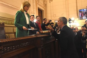 Carlos Kaufmann reemplaza a su padre, Ricardo Kaufmann, en la banca por Garay en el Senado. La vicegobernadora Alejandra Rodenas le tomó el juramento de práctica. Crédito: Luis Cetraro