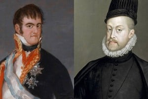 Imágenes de los reyes Fernando VII (izquierda), último monarca reconocido por los santafesinos, y Felipe II, que reinaba al momento de la fundación.