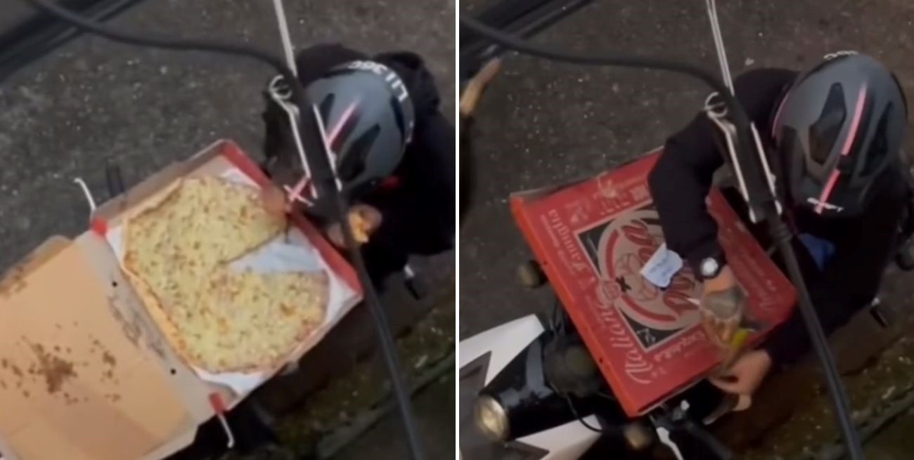 Video: un repartidor de pizza comió una porción y luego la rearmó para que no se note
