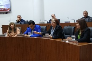 Reconocimiento a Andrés Andreis en el Concejo Municipal de Santa Fe. Adelante: Claudia Andreis, Pipy Rivero, Mabel Cosseani y Sonia Andreis. Detrás, al centro Gustavo Vittori y a su derecha Elvio Cotterli.  