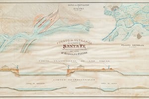 Plano inicial -corte y esquema- del puerto originario de ultramar, dedicado al gobernador Rodolfo Freyre, ubicado actualmente en la Presidencia del Ente Portuario.  Créditos:   José Vittori