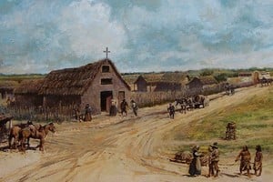 Los primeros años de Santa Fe, antes de que se construyeran edificios de tapias y tejas, en la inconfundible visión de Juan Arancio (1931-2019), el destacado pintor, ilustrador, dibujante e historietista santafesino.