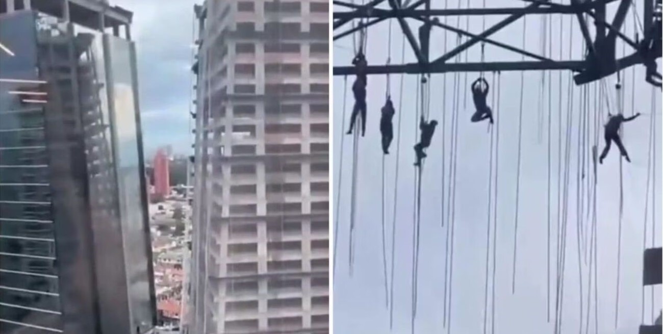 Impactante video: colapsó un andamio y un grupo de obreros quedó colgando a 140 metros de altura