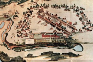 Representación de la reducción de San Javier de indios mocovíes. Lograda ilustración de la obra "Hacia allá y para acá" del padre jesuita Florián Paucke.