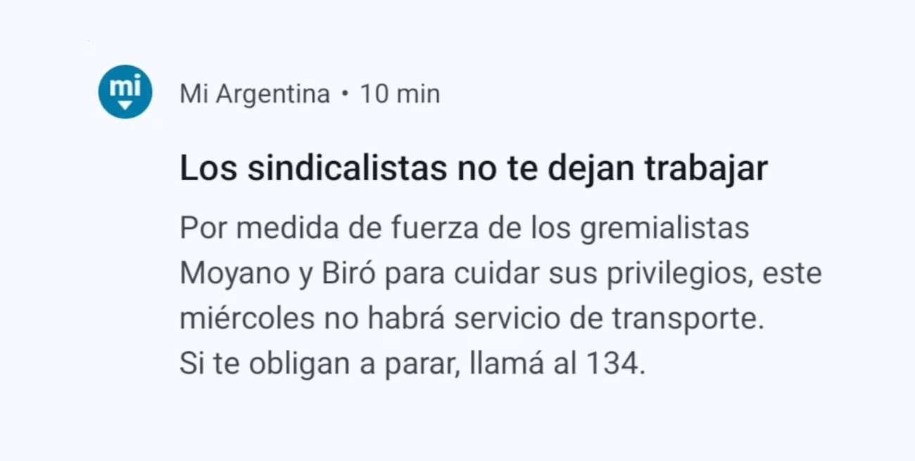 Polémica por un mensaje del gobierno contra sindicalistas en la app Mi Argentina