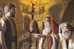 Pedro le contesta al colérico sumo sacerdote Caifás que los apóstoles solo obedecerán a Dios, no a los hombres.