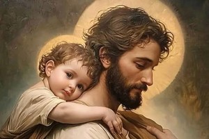 José con Jesús en su espalda. El gesto paternal y delicado de un padre sencillo. Gentileza