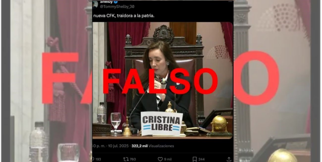 No, Victoria Villarruel no posó en el estrado del Senado con un cartel que decía “Cristina Libre”
