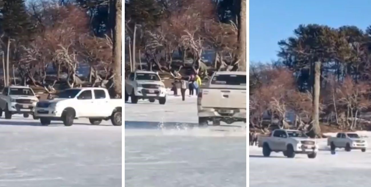Realizaron trompos con camionetas sobre una laguna congelada en Neuquén 
