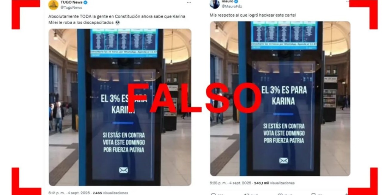 La foto de un cartel en una estación de trenes con la frase “el 3% es para Karina” es un montaje; en la original se lee “el que corta no cobra” 