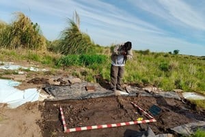 Vista del equipo durante las jornadas de excavación junto a la laguna. 