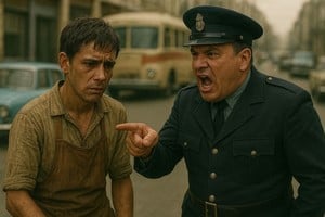 Un policía le grita a un changarín. Imagen creada con IA. Crédito: El Litoral