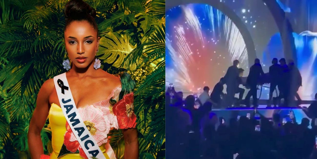 Gabrielle Henry, representante de Jaimaca sufre una caída en la gala preliminar de Miss Universo en Tailandia
