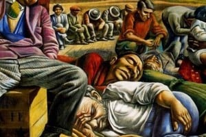 "Desocupados", pintura del notable artista argentino Antonio Berni, año 1934. Obra de gran formato realizada en temple sobre arpillera que representa la crisis económica de la época y la situación de los trabajadores desempleados.