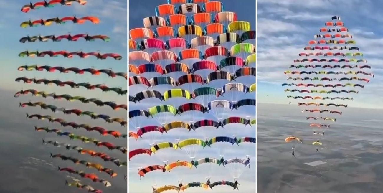 Récord mundial en el cielo: 104 paracaidistas formaron la figura más grande de la historia