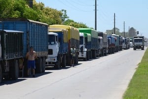 Largas filas de camiones esperando para descargar en el puerto de Rosario. El Litoral.