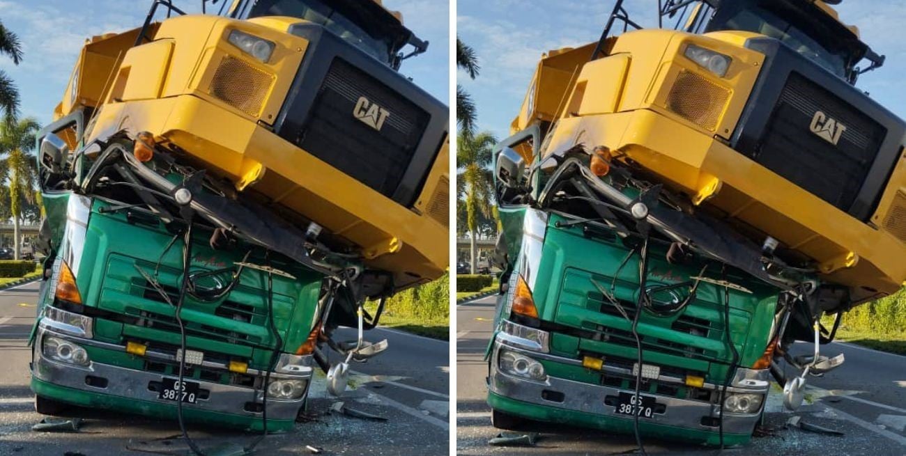 Impactante accidente en Malasia: un remolque quedó aplastado al desplomarse el camión que transportaba