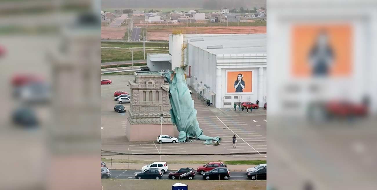 Fuerte viento derribó una Estatua de la Libertad de una conocida cadena de comercios de Brasil