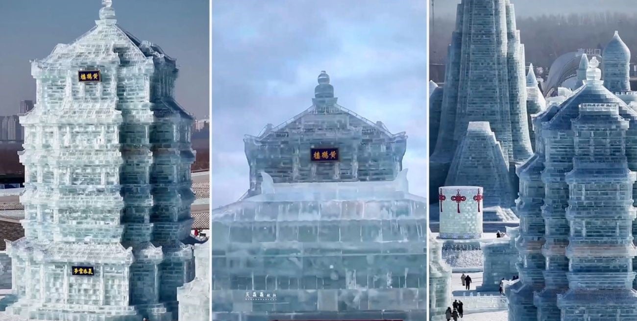 Parece un castillo… pero es hielo: la réplica de una torre milenaria en China que se volvió furor