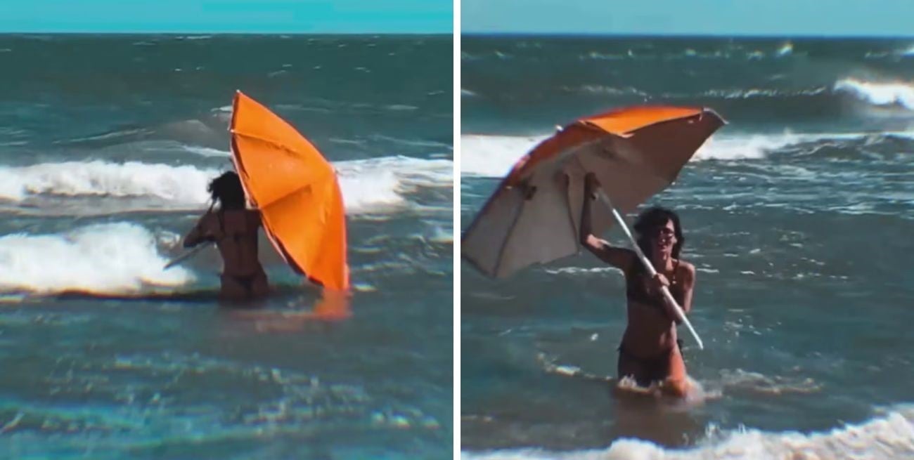 El momento viral de Gimena Accardi en la playa: el viento se llevó su sombrilla y salió a rescatarla